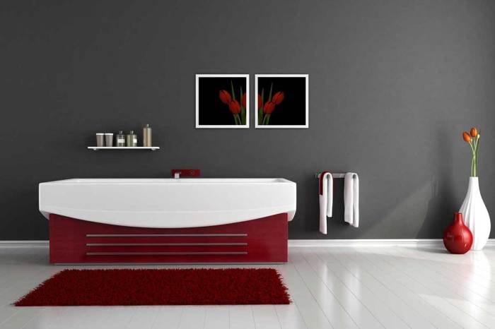 Gray and red bathroom decor