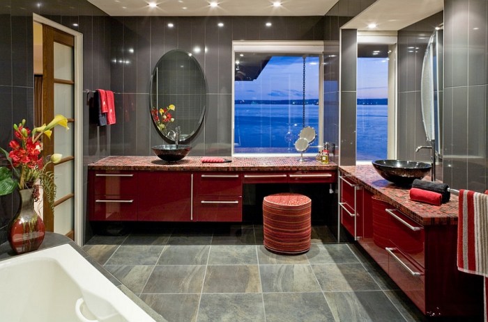 Gray and red bathroom decor