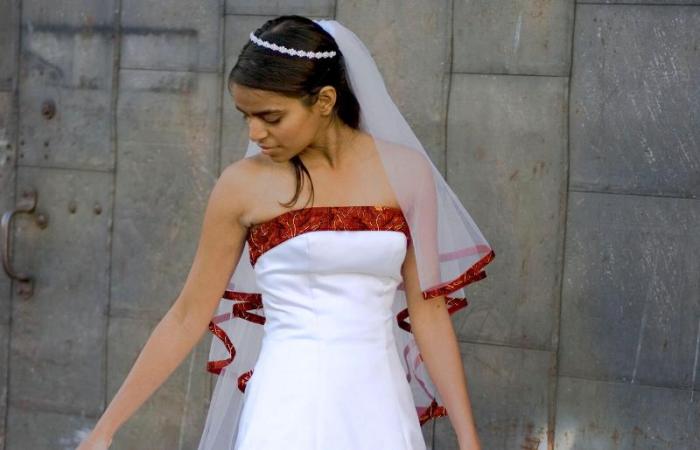 Camo and orange wedding dresses